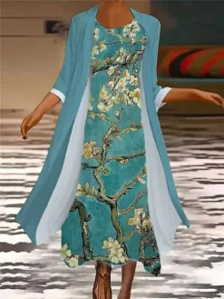 Women's Plus Size Two Piece Dress Set Casual Dress Chiffon Dress Outdoor Office Fashion Streetwear Print Midi Dress Crew Neck 3/4 Length Sleeve Floral Regular Fit Yellow Blue Sky Blue Spring Fall S M