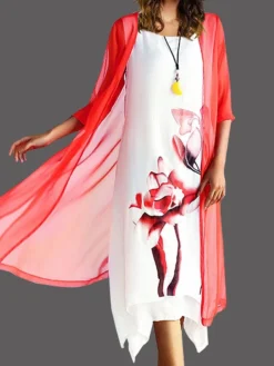 Women's Two Piece Dress Set Casual Dress Cotton Linen Dress Outdoor Daily Fashion Casual Fake Two Piece Print Midi Dress Crew Neck Short Sleeve Floral Painting Regular Fit Yellow Pink Red Summer -Party Prom Dresses Sales Store pjthkq1680146907910