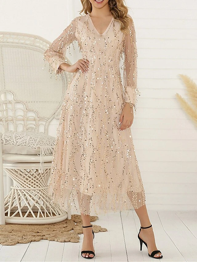 Women's Prom Dress Party Dress Fringe Dress Long Dress Maxi Dress Black Beige Long Sleeve Pure Color Sequins Summer Spring V Neck Party 2023 S M L XL 2XL 15 Women's Prom Dress Party Dress Fringe Dress Long Dress Maxi Dress Black Beige Long Sleeve Pure Color Sequins Summer Spring V Neck Party 2023 S M L XL 2XL - Image 15