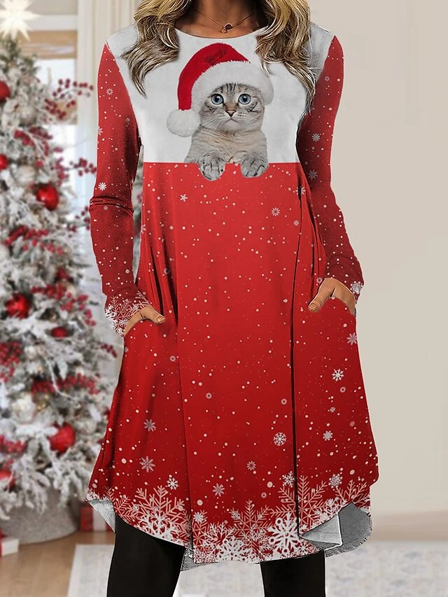 Women's Christmas Work Dress Casual Dress Fashion Winter DressDaily Midi Dress Pocket Print Crew Neck Long Sleeve Cat Santa Claus Regular Fit White Wine Red Fall Winter S M L XL XXL 2 Women's Christmas Work Dress Casual Dress Fashion Winter DressDaily Midi Dress Pocket Print Crew Neck Long Sleeve Cat Santa Claus Regular Fit White Wine Red Fall Winter S M L XL XXL - Image 2