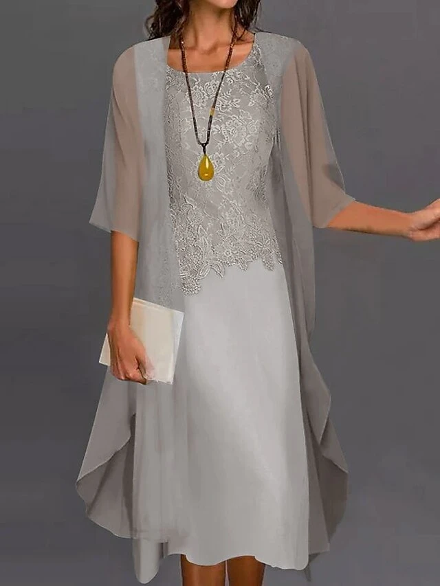 Women's Dress Set Two Piece Dress Shift Dress Midi Dress Light Blue Light Grey Half Sleeve Pure Color Lace Summer Spring Crew Neck Elegant Wedding Guest Loose Fit 2023 S M L XL XXL 3XL 1 Women's Dress Set Two Piece Dress Shift Dress Midi Dress Light Blue Light Grey Half Sleeve Pure Color Lace Summer Spring Crew Neck Elegant Wedding Guest Loose Fit 2023 S M L XL XXL 3XL