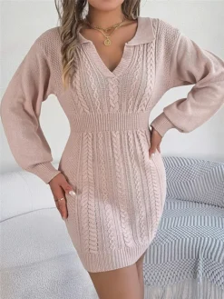 Women's Sweater Dress Winter Dress Jumper Dress Mini Dress Warm Pure Color Outdoor Casual Holiday Vacation V Neck Long Sleeve 2023 Regular Fit Pink Burgundy Green S M L -Party Prom Dresses Sales Store plhnni1696926501467