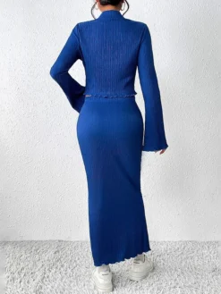 Women's Two Piece Dress Set Skirt Set Swing Dress Home Christmas Punk Work Lace Up Patchwork Long Dress Maxi Dress Crew Neck Long Sleeve Color Block Rainbow Slim Blue Fall Winter S M L XL -Party Prom Dresses Sales Store plkzun1697524998827