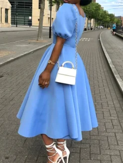 Women‘s Semi Formal Party Dress Wedding Guest Dress Satin Dress Swing Dress Midi Dress Yellow Blue Orange Half Sleeve Pure Color Ruched Winter Fall Square Neck 2023 S M L XL XXL 3XL -Party Prom Dresses Sales Store plwalv1660640932758