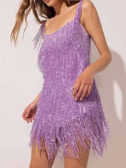 Women‘s Party Dress Fringe Dress Homecoming Dress Mini Dress Purple Gold Beige Sleeveless Pure Color Tassel Fringe Summer Spring Fall Spaghetti Strap Fashion Evening Party Vacation Fall Dress 2023 -Party Prom Dresses Sales Store pmbkdg1681873589164