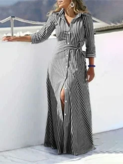Women's Shirt Dress Casual Dress A Line Dress Maxi Long Dress Linen Classic Casual Outdoor Daily Vacation Shirt Collar Button High Split Long Sleeve Summer Spring Fall 2023 Loose Fit Black Blue -Party Prom Dresses Sales Store pmdhya1681212216065