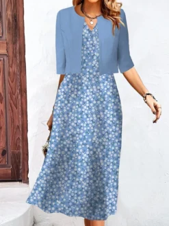 Women's Two Piece Dress Set Casual Dress Tank Dress Outdoor Daily Fashion Streetwear Pocket Print Midi Dress V Neck 3/4 Length Sleeve Floral Regular Fit Blue Green Khaki Summer Spring S M L XL XXL