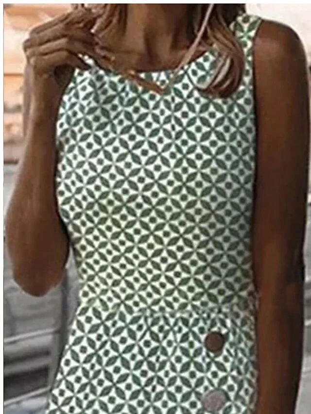 Women's Work Dress Midi Dress Green Sleeveless Print Print Summer Spring Crew Neck Elegant Office 2023 S M L XL XXL 2 Women's Work Dress Midi Dress Green Sleeveless Print Print Summer Spring Crew Neck Elegant Office 2023 S M L XL XXL - Image 2