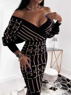 Women‘s Prom Semi Formal Party Dress Wedding Guest Dress Sheath Dress Midi Dress Brown Stripes Brown Plaid Black Long Sleeve Solid Color Pure Color Fall Spring V Neck Winter Dress 2023 S M L XL XXL -Party Prom Dresses Sales Store pnwodo1626868805461