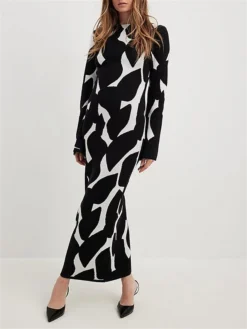 Women's Sweater Dress Winter Dress Jumper Dress Long Dress Maxi Dress Fashion Leopard Outdoor Daily Holiday Date Crew Neck Long Sleeve Print 2023 Slim Black S M L XL