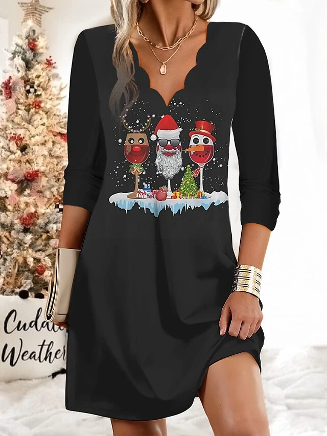 Women's Christmas Work Dress Casual Dress Fashion Winter DressDaily Mini Dress Print V Neck Long Sleeve Elk Snowflake Regular Fit Black Navy Blue Gold Fall Winter S M L XL XXL 2 Women's Christmas Work Dress Casual Dress Fashion Winter DressDaily Mini Dress Print V Neck Long Sleeve Elk Snowflake Regular Fit Black Navy Blue Gold Fall Winter S M L XL XXL - Image 2