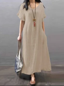 Women's Casual Dress Cotton Linen Dress A Line Dress Maxi Long Dress Cotton And Linen Basic Casual Outdoor Daily V Neck Pocket Short Sleeve Summer Spring 2023 Loose Fit ArmyGreen Navy Blue Orange -Party Prom Dresses Sales Store poskav1680774897553