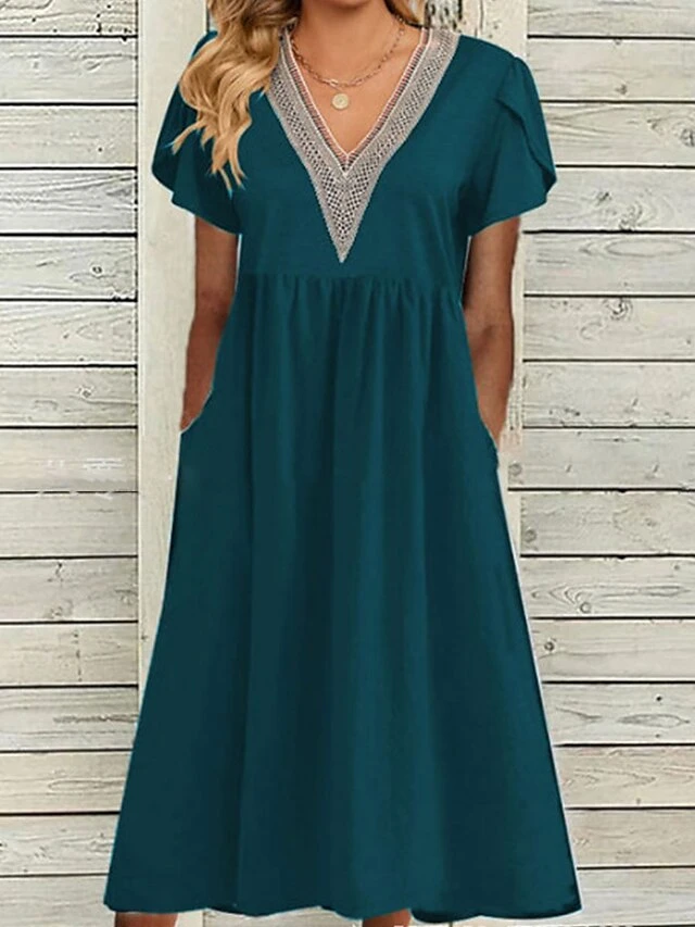 Women's Casual Dress Cotton Dress Swing Dress Midi Dress Cotton Blend Fashion Basic Outdoor Daily Vacation V Neck Ruched Patchwork Short Sleeve Summer Spring 2023 Loose Fit Black White Wine Color 2 Women's Casual Dress Cotton Dress Swing Dress Midi Dress Cotton Blend Fashion Basic Outdoor Daily Vacation V Neck Ruched Patchwork Short Sleeve Summer Spring 2023 Loose Fit Black White Wine Color - Image 2