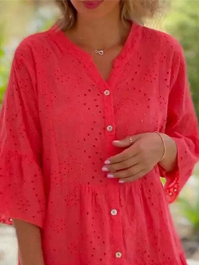 Women's Casual Dress Cotton Linen Dress Mini Dress Polyester Fashion Modern Outdoor Daily Holiday Split Neck Button Eyelet 3/4 Length Sleeve Summer Spring Fall 2023 Loose Fit Red Plain S M L XL 2XL 3 Women's Casual Dress Cotton Linen Dress Mini Dress Polyester Fashion Modern Outdoor Daily Holiday Split Neck Button Eyelet 3/4 Length Sleeve Summer Spring Fall 2023 Loose Fit Red Plain S M L XL 2XL - Image 3