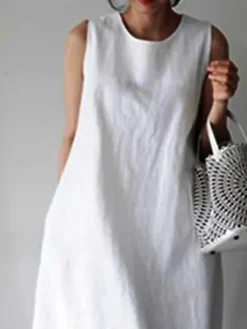 Women's Casual Dress Cotton Linen Dress Shift Dress Maxi Long Dress Cotton Blend Casual Daily Vacation Crew Neck Pocket Sleeveless Summer Spring Boom Sale Dress Loose Fit White Pure Color S M L XL XXL -Party Prom Dresses Sales Store pozzbs1656913333083