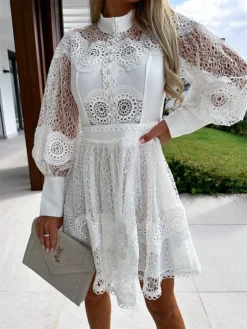 Women's Party Dress Lace Dress Homecoming Dress Mini Dress Black White Long Sleeve Pure Color Lace Summer Spring Fall Stand Collar Fashion Wedding Guest Birthday Vacation Slim 2023 S M L XL -Party Prom Dresses Sales Store ppdpbl1681263746369