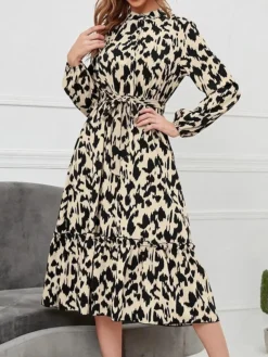 Women's Work Dress Casual Dress Semi Formal Dress Fashion Office Daily Midi Dress Lace Up Ruffle Stand Collar Long Sleeve Leopard Loose Fit Orange Apricot Fall Winter S M L XL