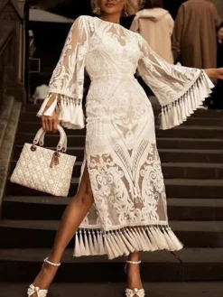 Women‘s Party Dress Wedding Guest Dress Dress Set Two Piece Dress Midi Dress White Long Sleeve Flower Lace Winter Fall Spring Crew Neck Fashion Party Evening Party 2023 S M L XL XXL