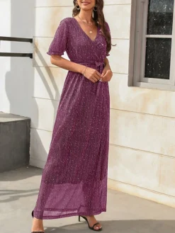 Women's Long Dress Maxi Dress Party Dress Formal Dress Summer Dress Pure Color Streetwear Modern Party Outdoor Holiday Lace Up Split Short Sleeve V Neck Dress Loose Fit Black Red Blue Summer Spring S -Party Prom Dresses Sales Store pqaion1678860555674