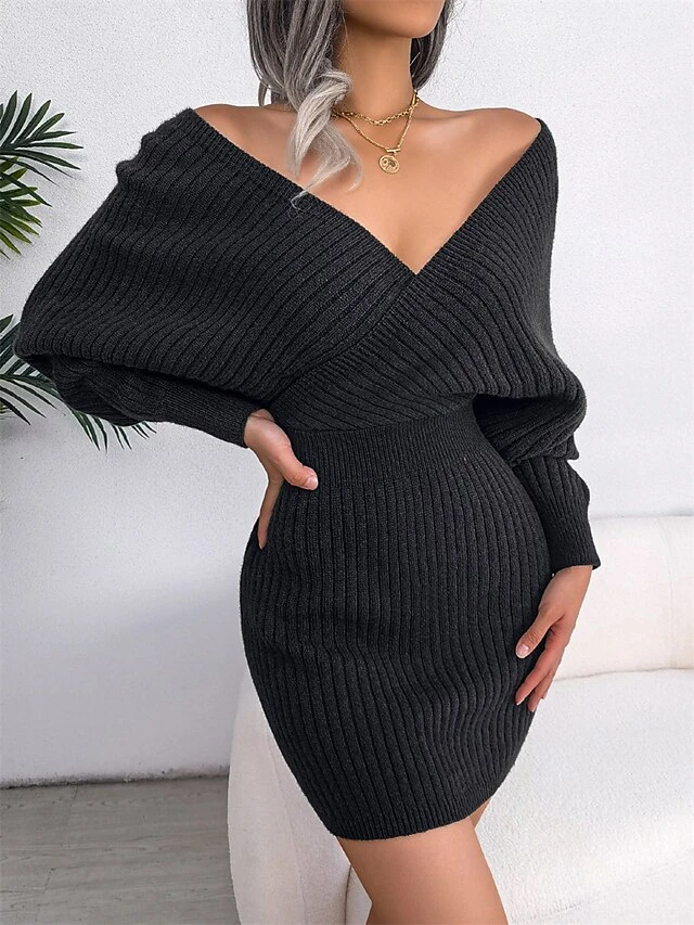 Women's Sweater Dress Jumper Dress Casual Dress Mini Dress Warm Pure Color Outdoor Casual Daily Going Out V Neck Long Sleeve Ruched 2023 Regular Fit Black White Blue S M L 14 Women's Sweater Dress Jumper Dress Casual Dress Mini Dress Warm Pure Color Outdoor Casual Daily Going Out V Neck Long Sleeve Ruched 2023 Regular Fit Black White Blue S M L - Image 14