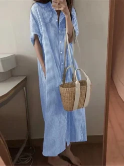 Women's Shirt Dress Casual Dress Cotton Linen Dress Maxi Long Dress Polyester Fashion Modern Outdoor Daily Vacation Shirt Collar Button Print Half Sleeve Summer Spring Fall 2023 Loose Fit Black Blue