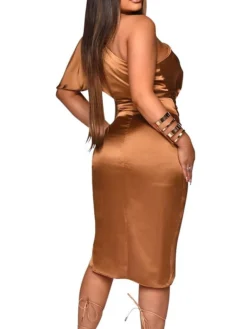 Women's Party Dress Satin Dress Sheath Dress Knee Length Dress Black Camel Green Long Sleeve Pure Color Ruched Fall Winter Autumn Cold Shoulder Elegant Party Winter Dress Fall Dress 2022 S M L XL XXL -Party Prom Dresses Sales Store pqmlip1635414169547