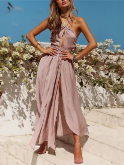 Women's Party Dress Casual Dress Swing Dress Long Dress Maxi Dress Pink Blue Sleeveless Pure Color Backless Summer Spring Halter Neck Vacation Slim 2023 S M L XL
