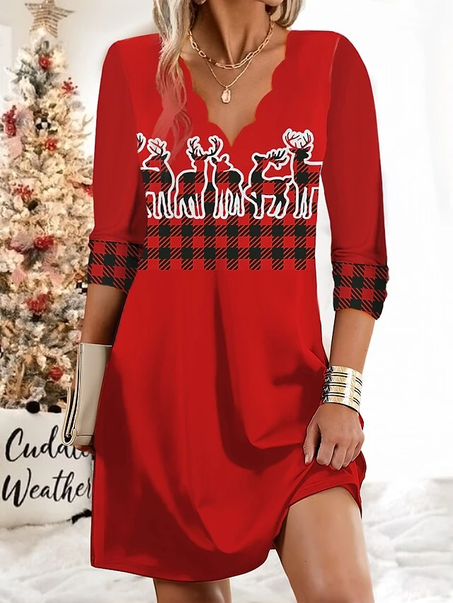 Women's Christmas Work Dress Casual Dress Fashion Winter DressDaily Mini Dress Print V Neck Long Sleeve SnowmanTree Regular Fit White Wine Green Fall Winter S M L XL XXL 3 Women's Christmas Work Dress Casual Dress Fashion Winter DressDaily Mini Dress Print V Neck Long Sleeve SnowmanTree Regular Fit White Wine Green Fall Winter S M L XL XXL - Image 3