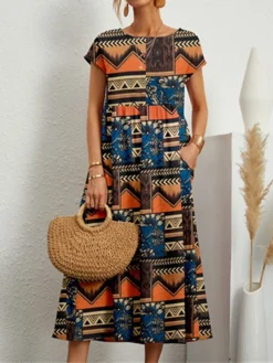 Women's Casual Dress Cotton Linen Dress Swing Dress Midi Dress Linen / Cotton Blend Fashion Ethnic Style Outdoor Daily Holiday Crew Neck Pocket Print Short Sleeve Summer Spring 2023 Loose Fit Black