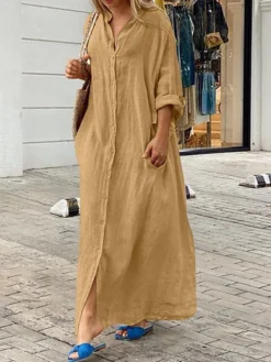 Women's Casual Dress Cotton Linen Dress Black Dress Maxi Long Dress Linen / Cotton Blend Fashion Daily Outdoor Daily Vacation Stand Collar Button Pocket Long Sleeve Fall Autumn 2023 Loose Fit Black -Party Prom Dresses Sales Store prxaxt1692947493067