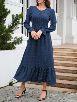 Women's Work Dress Swing Dress Black Dress Fashion Midi Dress Ruched V Neck Long Sleeve Plain Loose Fit Black Red Blue Fall Winter S M L XL XXL -Party Prom Dresses Sales Store prxrne1693300592478