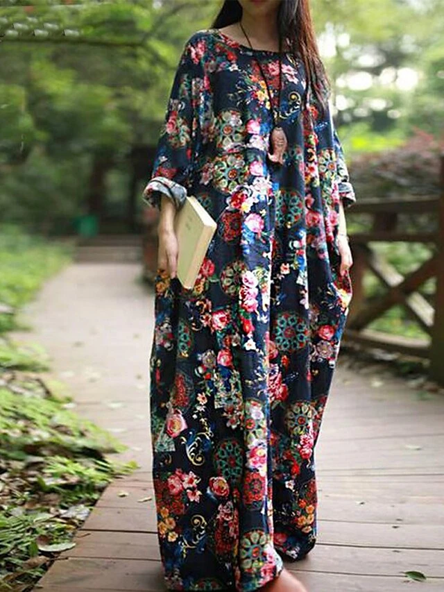 Women's Casual Dress Cotton Linen Dress Loose Dress Maxi Long Dress Linen / Cotton Blend Daily Stylish Outdoor Daily Vacation Crew Neck Print Long Sleeve Spring Fall Winter 2023 Loose Fit Wine Red 1 Women's Casual Dress Cotton Linen Dress Loose Dress Maxi Long Dress Linen / Cotton Blend Daily Stylish Outdoor Daily Vacation Crew Neck Print Long Sleeve Spring Fall Winter 2023 Loose Fit Wine Red