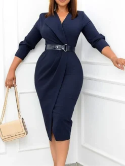 Women's Work Dress Casual Dress Sheath Dress Fashion Office Daily Workfashion Midi Dress Lace Up Ruched V Neck Long Sleeve Plain Regular Fit Red Green Dark Blue Fall Winter S M L XL XXL -Party Prom Dresses Sales Store psrtgn1695645166413