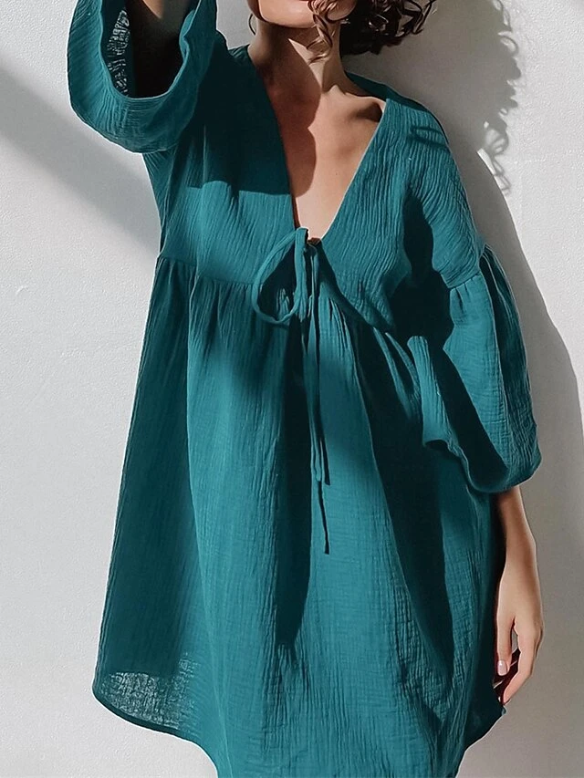 Women's Casual Dress Cotton Dress Swing Dress Mini Dress Cotton Fashion Modern Outdoor Daily Holiday V Neck Lace Up Ruched 3/4 Length Sleeve Fall Winter Autumn 2023 Loose Fit Light Green Blue Purple 2 Women's Casual Dress Cotton Dress Swing Dress Mini Dress Cotton Fashion Modern Outdoor Daily Holiday V Neck Lace Up Ruched 3/4 Length Sleeve Fall Winter Autumn 2023 Loose Fit Light Green Blue Purple - Image 2