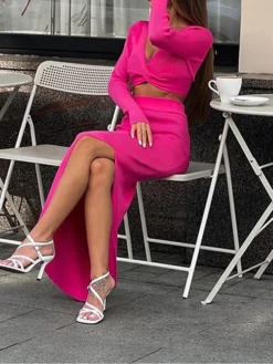 Women's Two Piece Dress Set Casual Dress Skirt Set Daily Going Out Casual Split Midi Dress V Neck Long Sleeve Plain Slim Blue Rose Red Fall S M L -Party Prom Dresses Sales Store pszjhz1693534949597