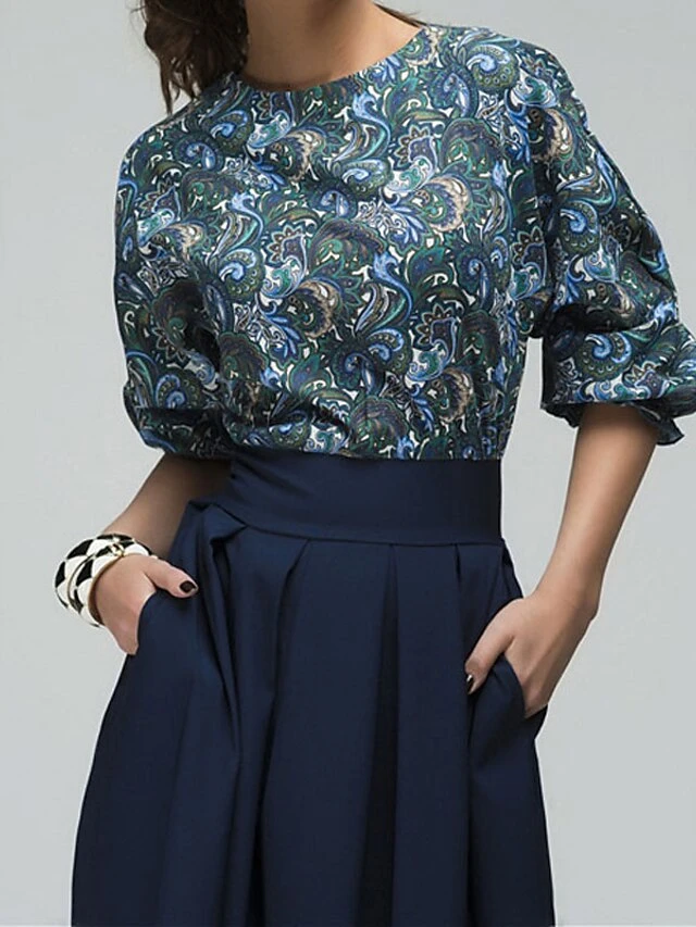 Women's Casual Dress Swing Dress Church Dress Midi Dress Blue Brown Half Sleeve Floral Ruched Winter Fall Spring Crew Neck Fashion Daily Vacation Weekend 2023 S M L XL 4 Women's Casual Dress Swing Dress Church Dress Midi Dress Blue Brown Half Sleeve Floral Ruched Winter Fall Spring Crew Neck Fashion Daily Vacation Weekend 2023 S M L XL - Image 4