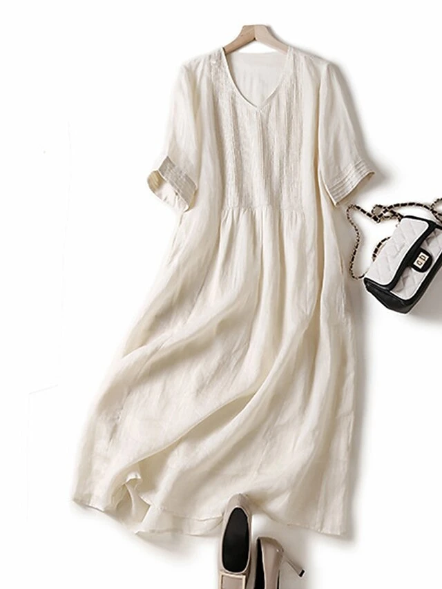 Women's Casual Dress Cotton Linen Dress White Dress Midi Dress Cotton Blend Basic Casual Outdoor Vacation V Neck Ruched Half Sleeve Summer Spring Fall 2023 Loose Fit White Green Apricot Pure Color M 5 Women's Casual Dress Cotton Linen Dress White Dress Midi Dress Cotton Blend Basic Casual Outdoor Vacation V Neck Ruched Half Sleeve Summer Spring Fall 2023 Loose Fit White Green Apricot Pure Color M - Image 5