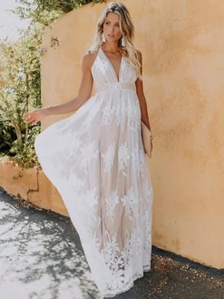 Women's Party Dress Lace Dress Swing Dress Long Dress Maxi Dress Pink Royal Blue White Backless Sleeveless Pure Color Lace Spring Summer V Neck Party S M L XL -Party Prom Dresses Sales Store ptwmth1602760230745