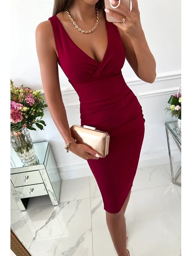 Women's Party Dress Bodycon Midi Dress Wine Red Royal Blue Sleeveless Pure Color Patchwork Summer Spring V Neck Casual 2023 S M L XL XXL 3 Women's Party Dress Bodycon Midi Dress Wine Red Royal Blue Sleeveless Pure Color Patchwork Summer Spring V Neck Casual 2023 S M L XL XXL - Image 3
