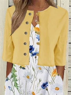 Women's Two Piece Dress Set Casual Dress Print Dress Outdoor Daily Fashion Modern Button Pocket Midi Dress V Neck Half Sleeve Floral Regular Fit Yellow Summer Spring S M L XL XXL -Party Prom Dresses Sales Store pumtjp1684296086678