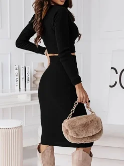 Women's Two Piece Dress Set Casual Dress Skirt Set Outdoor Daily Fashion Sexy Ribbed Midi Dress Crew Neck Long Sleeve Plain Regular Fit Black Wine Green Fall Winter S M L XL -Party Prom Dresses Sales Store puotfm1695268226748