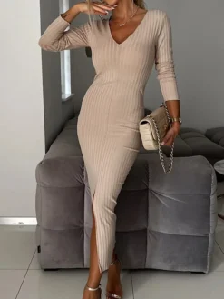 Women's Sweater Dress Jumper Dress Casual Dress Midi Dress Fashion Plain Outdoor Daily Vacation Going Out V Neck Long Sleeve 2023 Regular Fit Black Green Khaki S M L XL XXL -Party Prom Dresses Sales Store puuard1694427592085