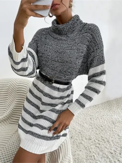 Women's Sweater Dress Winter Dress Jumper Dress Mini Dress Patchwork Ribbed Daily Date Going Out Fashion Basic Turtleneck Long Sleeve 2023 Loose Fit Gray Color S M L Size -Party Prom Dresses Sales Store pvavtg1695032168732