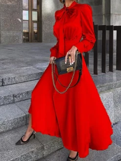 Women's Sheath Dress Maxi Long Dress Yellow Black Red Long Sleeve Ruched Bow Summer Round Neck Hot Casual Slim 2021 S M L XL -Party Prom Dresses Sales Store pvcjmy1596095190186