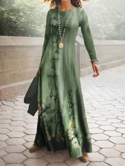 Women's Work Dress Casual Dress A Line Dress Fashion Winter Dress Daily Long Dress Maxi Dress Print Crew Neck Long Sleeve Floral Ombre Regular Fit Blue Fuchsia Green Fall Winter S M L XL XXL