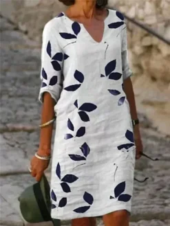 Women's Casual Dress Cotton Linen Dress Shift Dress Midi Dress Cotton Blend Fashion Modern Outdoor Daily Vacation V Neck Print Half Sleeve Summer Spring 2023 Regular Fit White Purple Brown Leaf S M L
