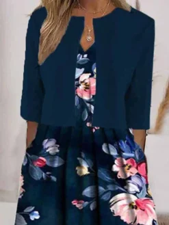 Women's Two Piece Dress Set Casual Dress Print Dress Daily Vacation Fashion Streetwear Pocket Print Midi Dress V Neck Half Sleeve Floral Regular Fit Navy Blue Summer Spring S M L XL XXL -Party Prom Dresses Sales Store pxeicp1684480309086
