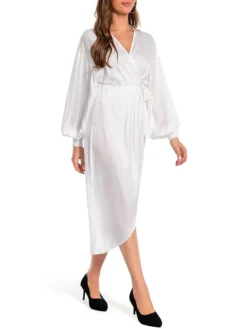 Women's Work Dress Satin Dress White Dress Fashion Midi Dress Lace Up V Neck Long Sleeve Plain Loose Fit White Fall Winter S M L XL XXL -Party Prom Dresses Sales Store pxlfzb1693467040475