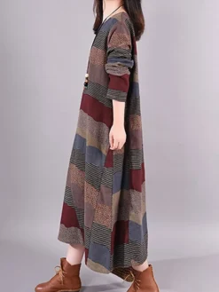 Women's Casual Dress Cotton Linen Dress Loose Dress Midi Dress Cotton Basic Classic Outdoor Daily Vacation Crew Neck Print Long Sleeve Spring Fall Winter 2023 Loose Fit Wine Brown Striped M L XL 2XL -Party Prom Dresses Sales Store pxqumc1692778408300