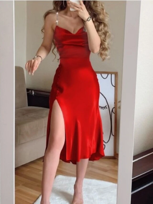 Women‘s Party Dress Stain Knee Length Dress Light Pink Red Sleeveless Pure Color Split Button Spring Summer Cold Shoulder Elegant Sexy Party 2023 S M L XL 2 Women‘s Party Dress Stain Knee Length Dress Light Pink Red Sleeveless Pure Color Split Button Spring Summer Cold Shoulder Elegant Sexy Party 2023 S M L XL - Image 2